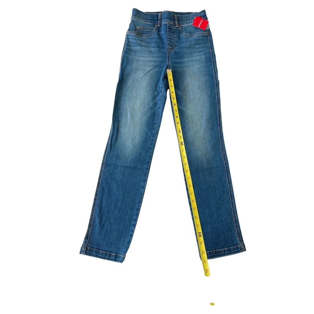 Spanx Ankle‎ Straight Leg Jeans Medium Wash High Rise Pull On Denim Blue Sz Xs